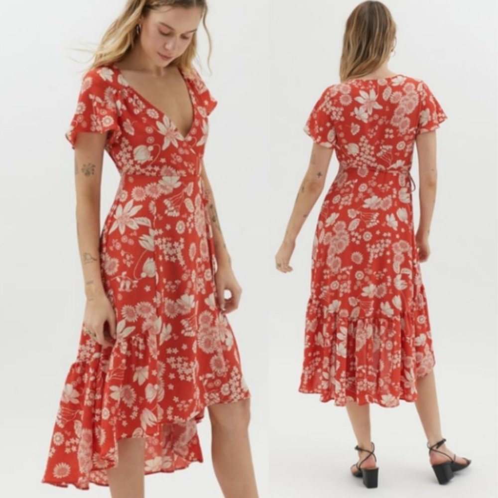 Urban Outfitters Daphne Floral Wrap Midi High-Low Dress Orange Size Small